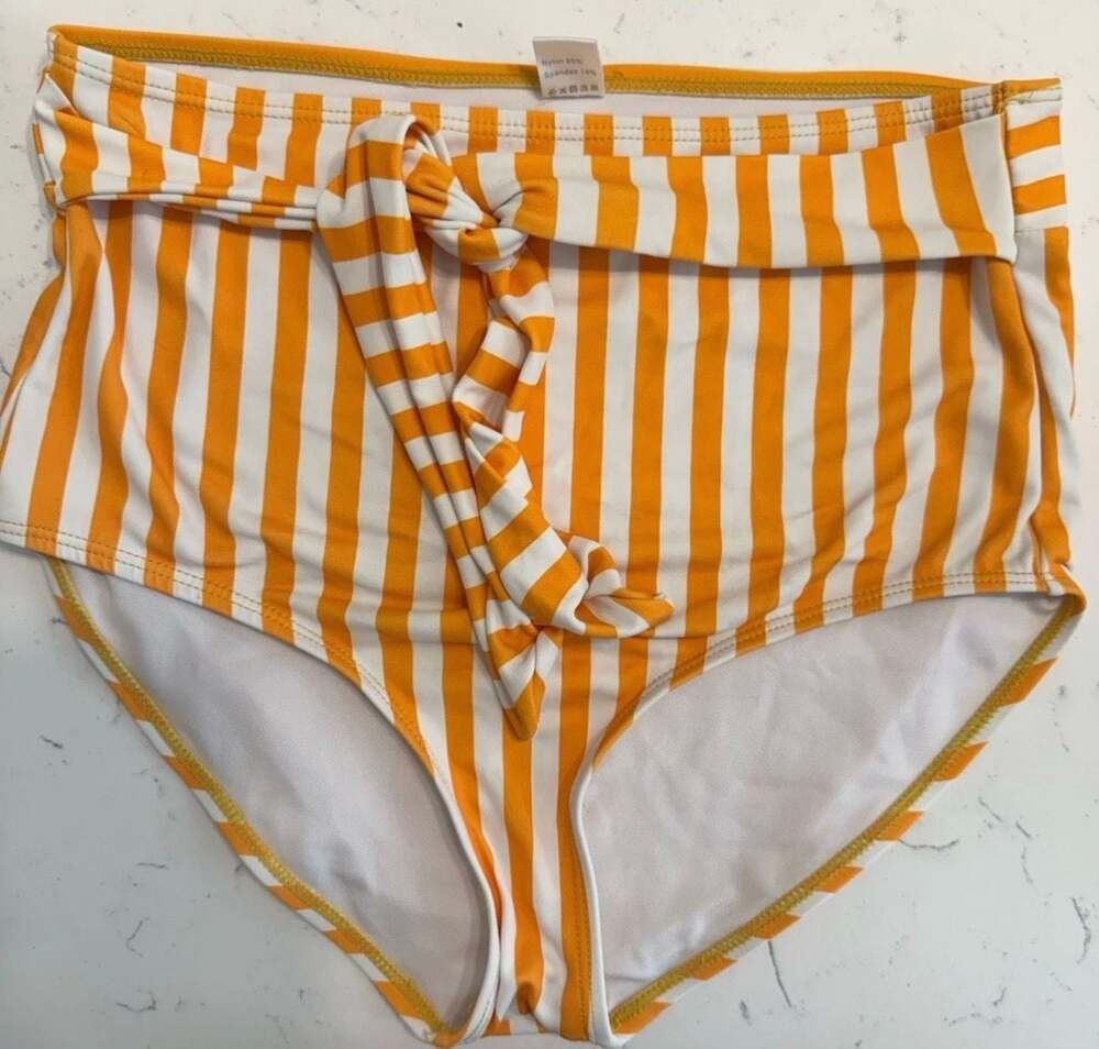 Janela Bay Orange and White Striped High Waisted Tie Front Bikini Bottoms Size S
